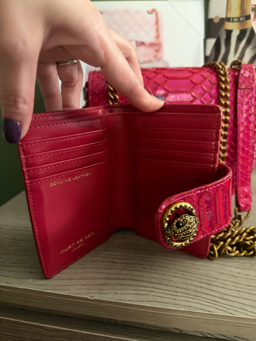 Kurt Geiger Hot Pink Snake-Embossed Crossbody & Wallet NWOT - Picture 2 of 14